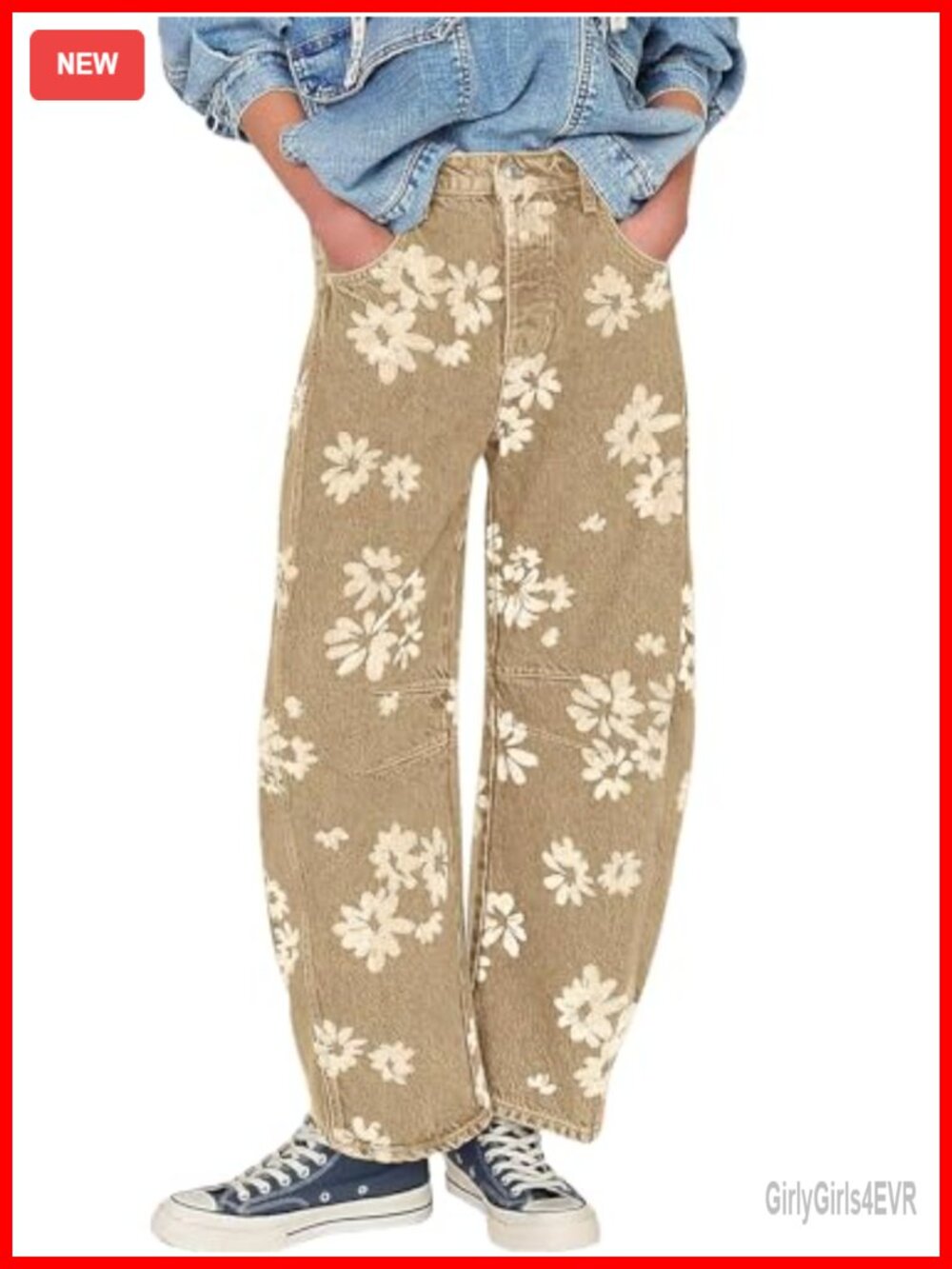 Women's Retro Floral Print Barrel Jeans Mid Rise Wide Leg Baggy Boyfriend